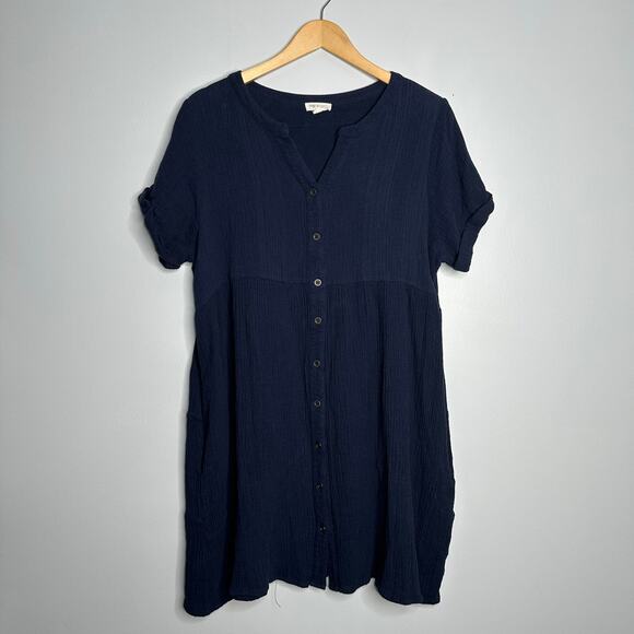 Cotton Bleu Women's Navy Blue‎ 100% Cotton Button Front Textured Dress Size L - Picture 1 of 7